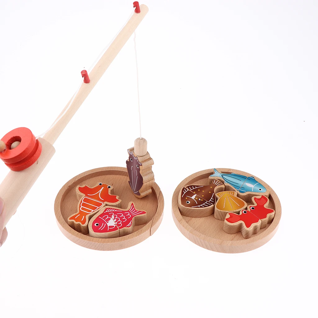 Pretend Kitchen Cooking Set Wooden Fishing Game - Multifunction Double Pole Magnetic Fishing Cutlery Set - Play House Puzzle Toy