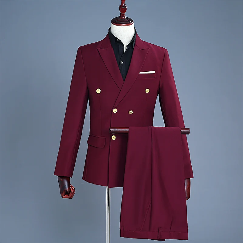 

Men's suits wine red double row gold buckle groom dress Korean version of the self-cultivation costumes hosted two-piece suit