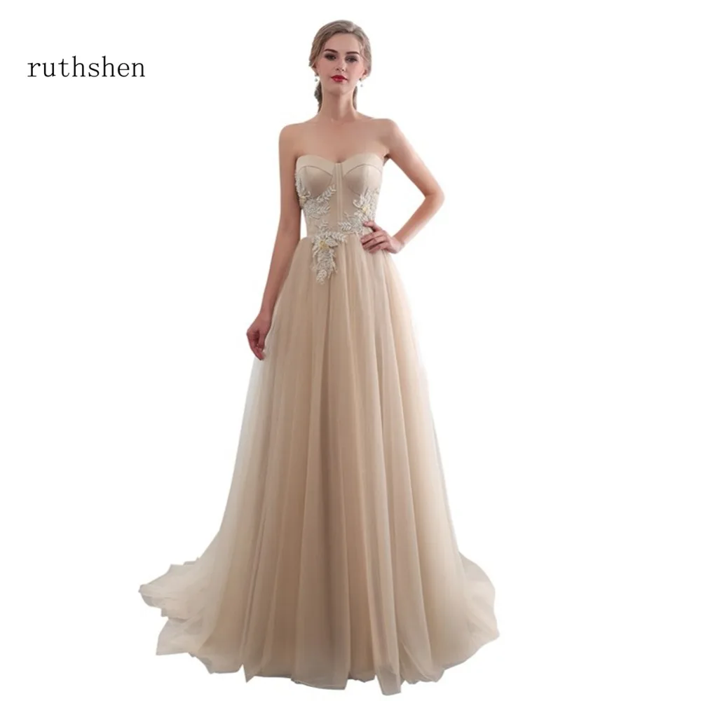 

ruthshen Long A line Evening Dress With Appliques Draped Tulle Floor Length Women Formal Champagne Strapless Prom Dresses 2019
