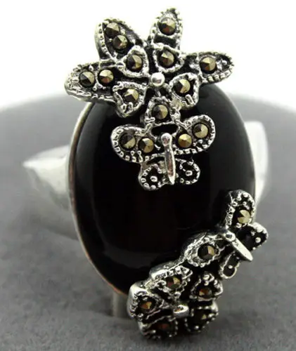 

good Bridal Wedding New Natural Black stone Gems Marcasite 925 Sterling Silver Ring Size 7/8/9/10