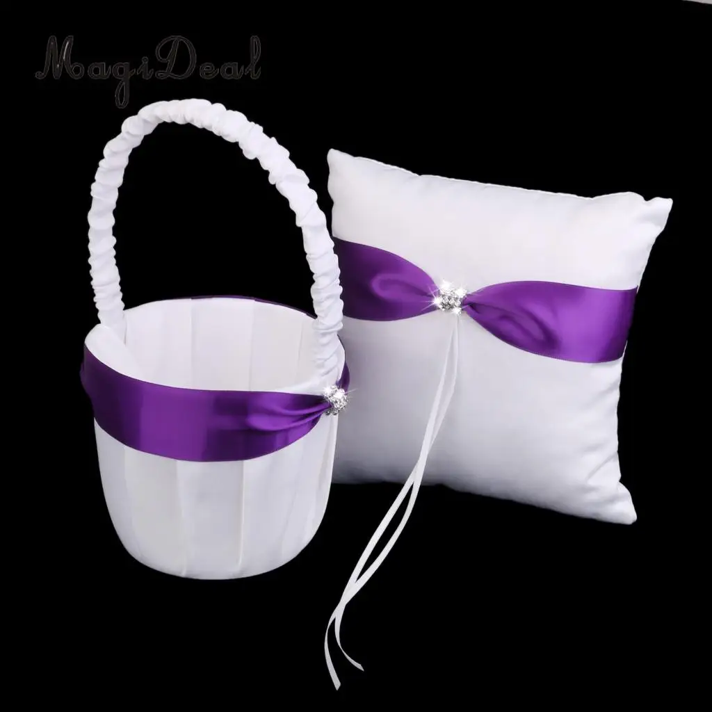 

MagiDeal Purple Satin White Wedding Flower Girl Basket Crystal Rhinestone&Shiny Diamante Embellishment Decor for Ceremony Party