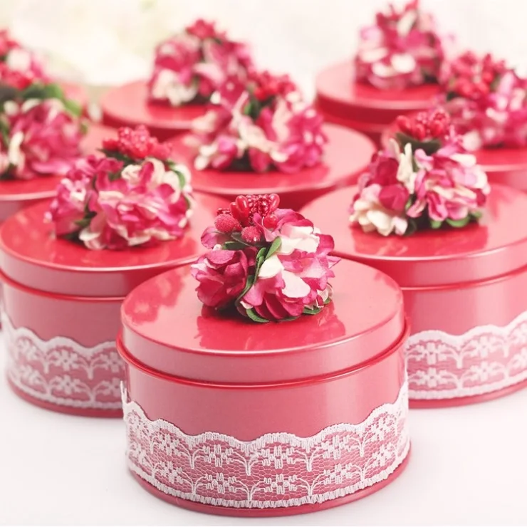Круглая консервная банка коробка конфет на свадьбу с кружевом и цветами ручной работы металлическая подарочная коробка 100 шт