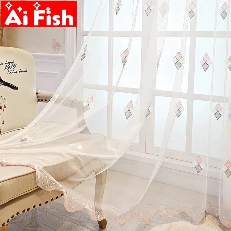 Diamond Geometric Window Screens with Bottom Laces Sheer Tulle Drapes Nordic Simple Embroidered Graze For living Room M109#4