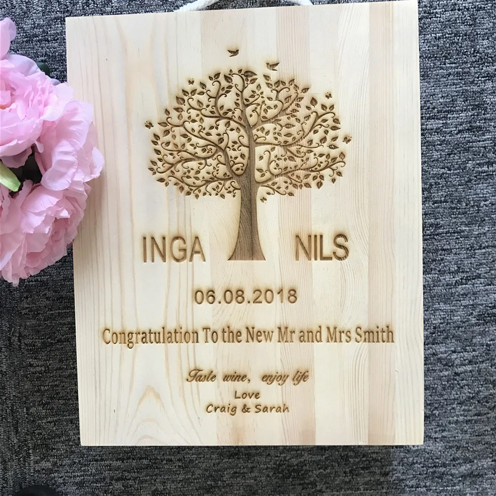 

Personalized Wooden Wine Box Wedding Gift Bride & Groom Custom Champagne Holder Box 3 Bottles Packing Box