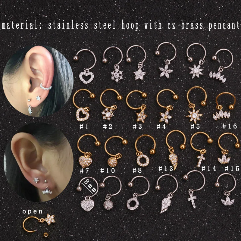 

New Silver Gold Circular Horseshoe Steel Hoop With Small Brass CZ Pendant Rook Tragus Cartilage Ear Piercing Jewelry