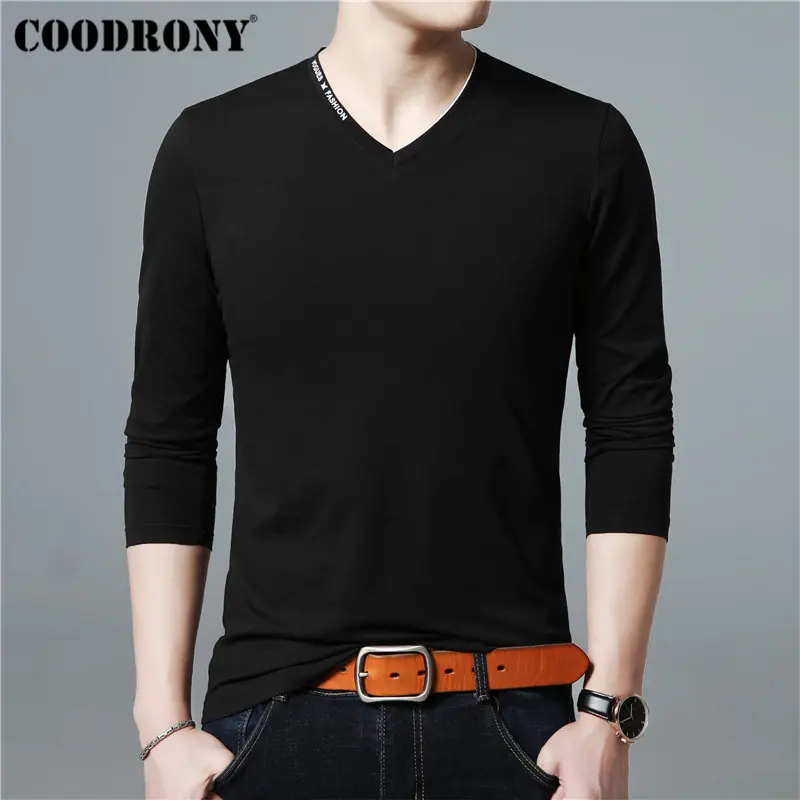 

COODRONY Long Sleeve T Shirt Men Fashion Streetwear Tshirt Men Letter V-Neck Top Casual T-Shirt Men Cotton Tee Shirt Homme 95004