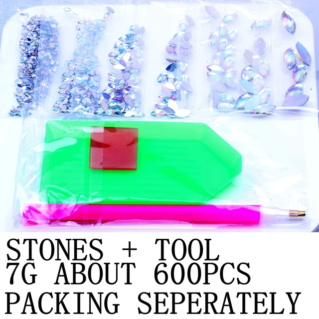 7G 600PCS 7 Sizes Acrylic Rhinestones Eye Shape Crystal AB Flat Back Nail Rhinestone 3D Non HotFix Nail Art Decoration DIY Tool Seperately and Tool