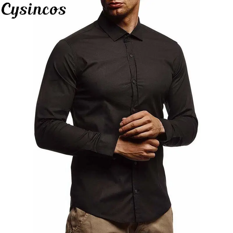 

CYSINCOS 2019 Mens Shirts Camisa Masculina Long Sleeve Knitwear Shirt Male Slim Design Formal Casual Male Dress Shirt Size 3XL