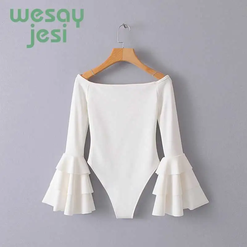 2019 Off Shoulder Ruffles sleeves Bodysuits Women Flare Sleeve Playsuit Female Body Suit Combinaison long sleeve jumpsuit 2019 Off Shoulder Ruffles sleeves Bodysuits Women Flare Sleeve Playsuit Female Body Suit Combinaison long sleeve jumpsuit
