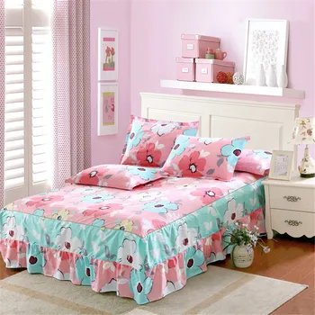 

100%Cotton fabric green Pink white Flower edge Wedding decoration Bed skirt pillowcase twin full King Queen size bedding sets