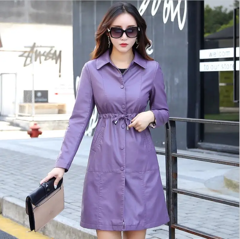 Большие размеры S M L XL XXL XXXL 4XL Длинная кожаная куртка женское кожаное пальто Верхняя одежда весенние женские кожаные куртки и пальто - Цвет: Лаванда