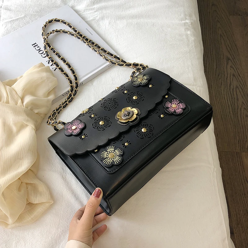 Квадратная сумка с полым цветком модная Новая высококачественная кожаная женская дизайнерская сумка с замком на цепочке сумки через плечо - Цвет: Черный
