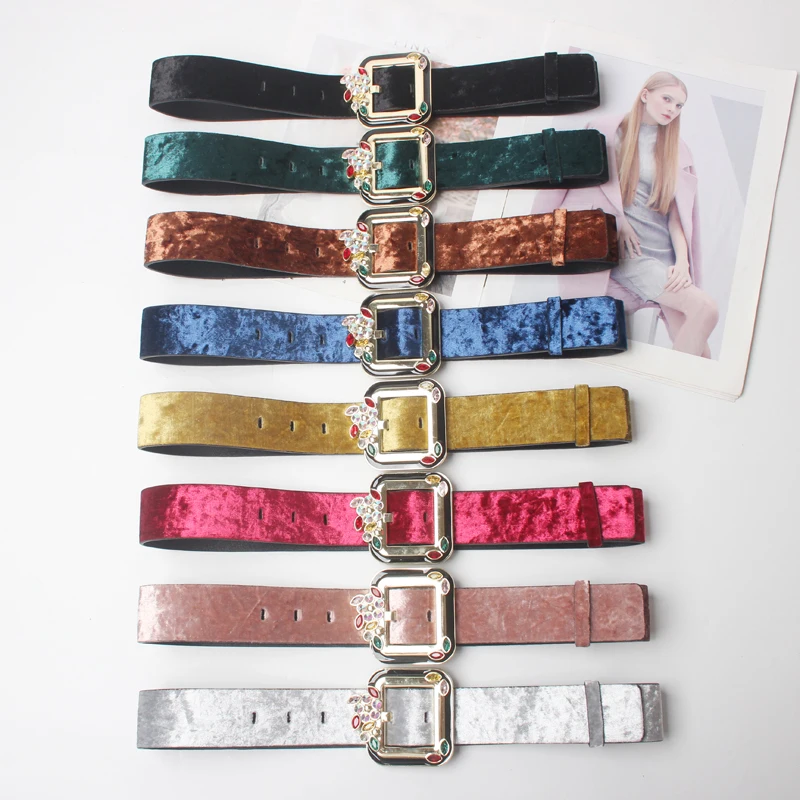 

New Trendy Wide Velvet Fabric belts Fashion Coat Accessories Metal Pin Buckle Crystal Stones Belt Dress Waistand Accessory