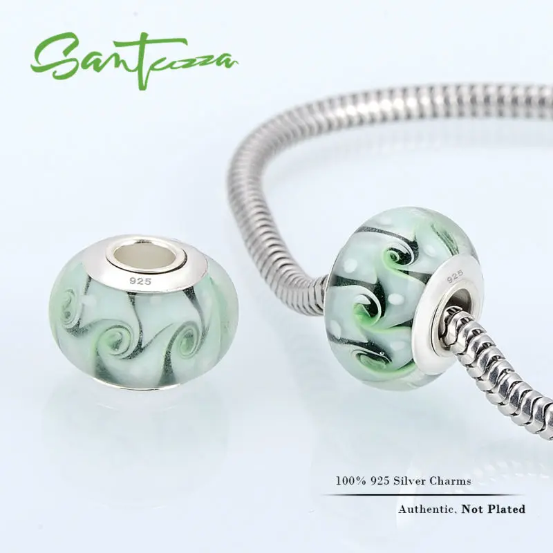 

SANTUZZA Silver Glass Beads Fit For Bracelet Bangle DIY Making 100% Authentic 925 Sterling Silver Women Jewelry