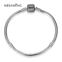 Auténtica Plata de Ley 925 Lleno de Cristal de 16 CM-22 CM Serpiente Pulseras de Cadena y Brazaletes Fit Pan Mujeres Encantos grano de La Joyería DIY