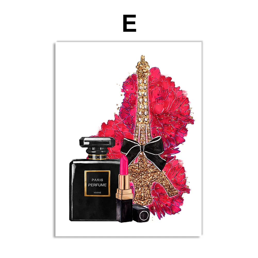 Vogue женский Париж духи помада цветок скандинавские плакаты и принты настенные художественные картины на холсте настенные картины для декора гостиной - Цвет: E