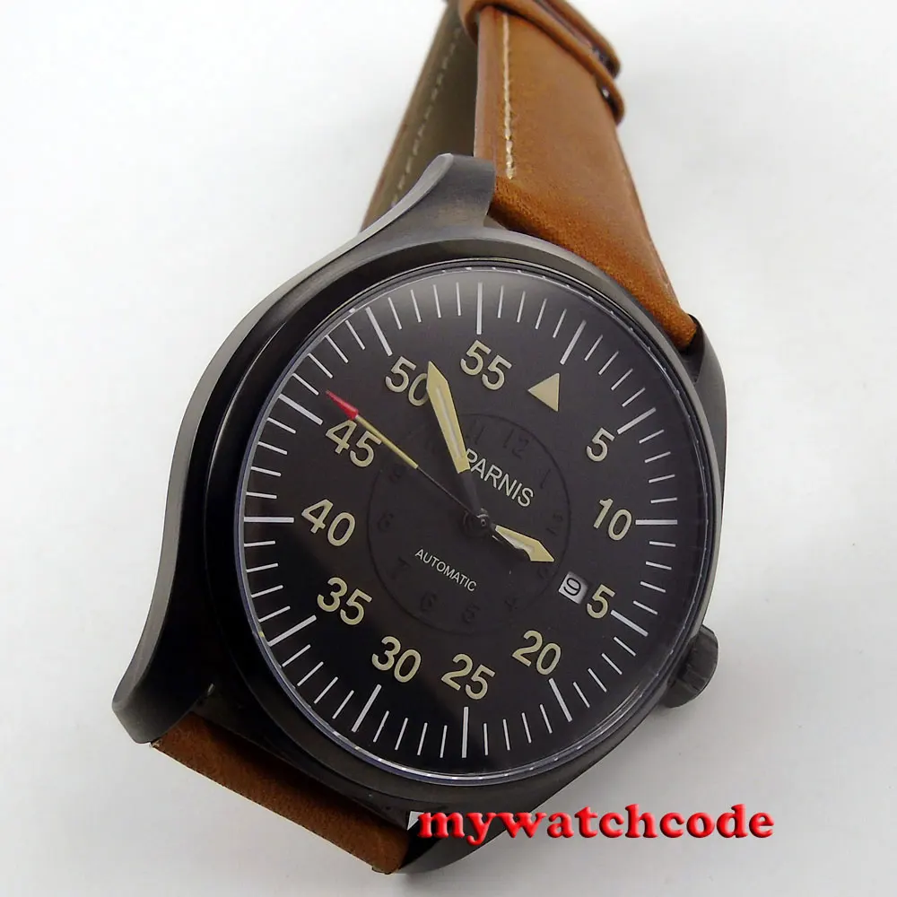 44mm Parnis black dial Sapphire Glass leather miyota Automatic mens Watch P611 44mm Parnis black dial Sapphire Glass leather miyota Automatic mens Watch P611