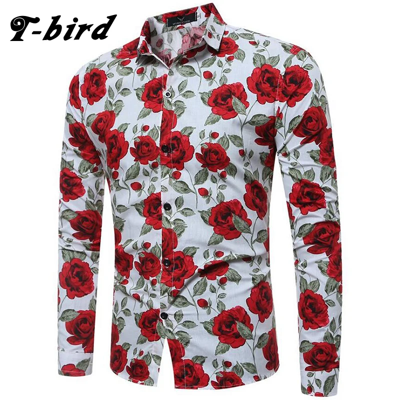 T Bird Brand Clothing 2017 Fashion Shirt Male Roses Dress Shirts Slim