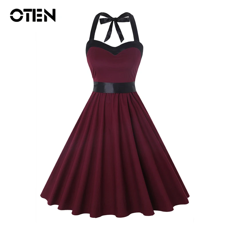 

OTEN Elegant Summer Dress Women Sexy Halter Skull Flower Polka Dot Printed Casual Rockabilly Retro vestido de festa midi renda