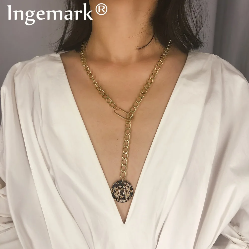 

Ingemark Punk Miami Cuban Choker Necklace Statement Accessories Vintage Carved Crab Coin Pendant Long Chain Necklace Women Gift