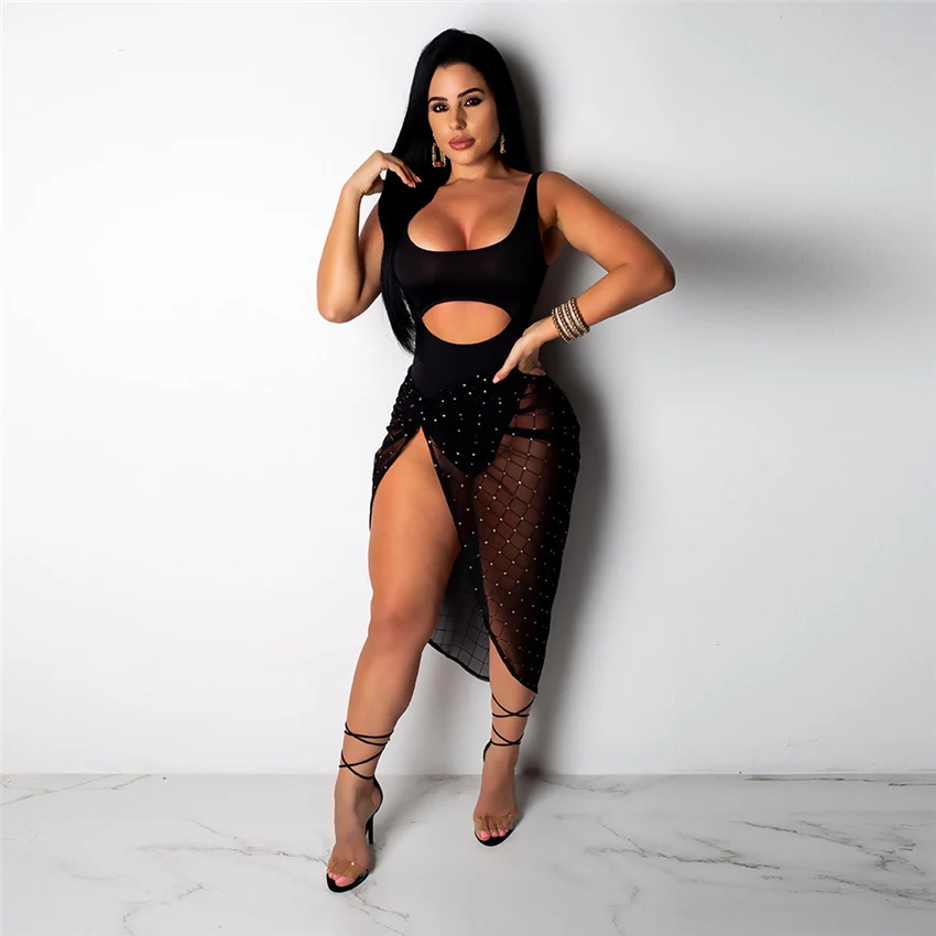 

FANIECES Sexy Club 2 Two Pieces Sets Women 2019 Summer fashion new Outfits jumpsuit+ See Through Party Plaid Diamonds mesh skirt