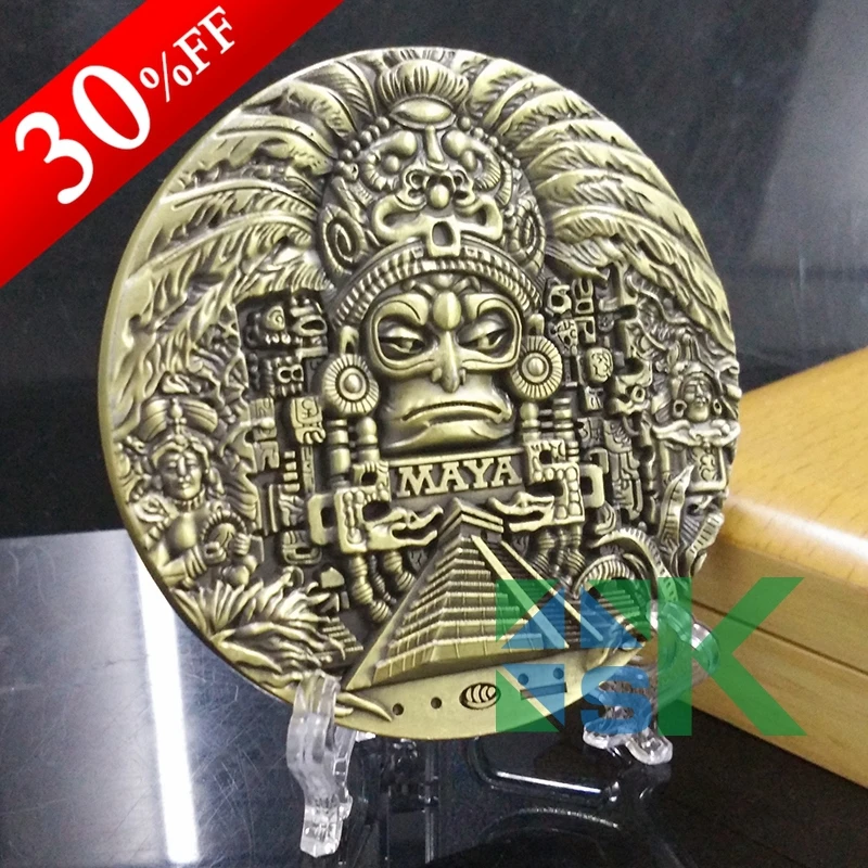 

1pcs 80*10mm Mayan Calendar Prophecy Mayan old Cultural Souvenir antique bronze plated metal mayan coin,metal craft