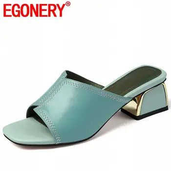 

EGONERY genuine cow leather woman slippers party blue beige black slides fashion girl high heels mules shoes summer sandlas