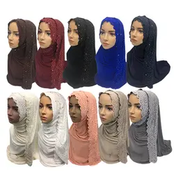 Оптовая продажа Исламский хлопок хиджаб с кружевом женский шарф-шаль тюрбан для женщин кружево платок мусульманский шарф шаль 10 цветов 10