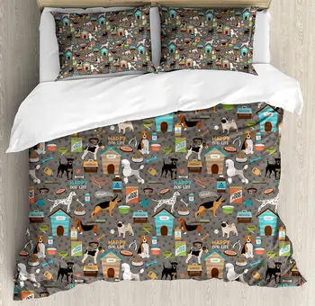 

Dog Lover Duvet Cover Set by Paw Print Background with Pet Canine Accessories Balls Carry Bags Leash Food Bowl 4pcs Bedding Set