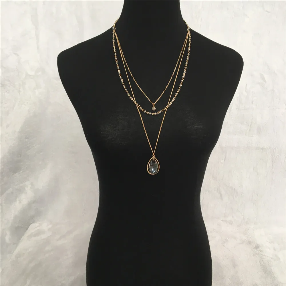 

Gold color Multi layer bead cross small and big water drop pendant three layer necklace for women