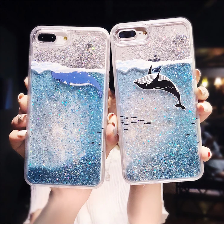 

Ocean Whale dolphin painted quicksand Case for iphone X 7 7Plus Dynamic liquid glitter Case For iphone 6 6s 6Plus 8 8plus