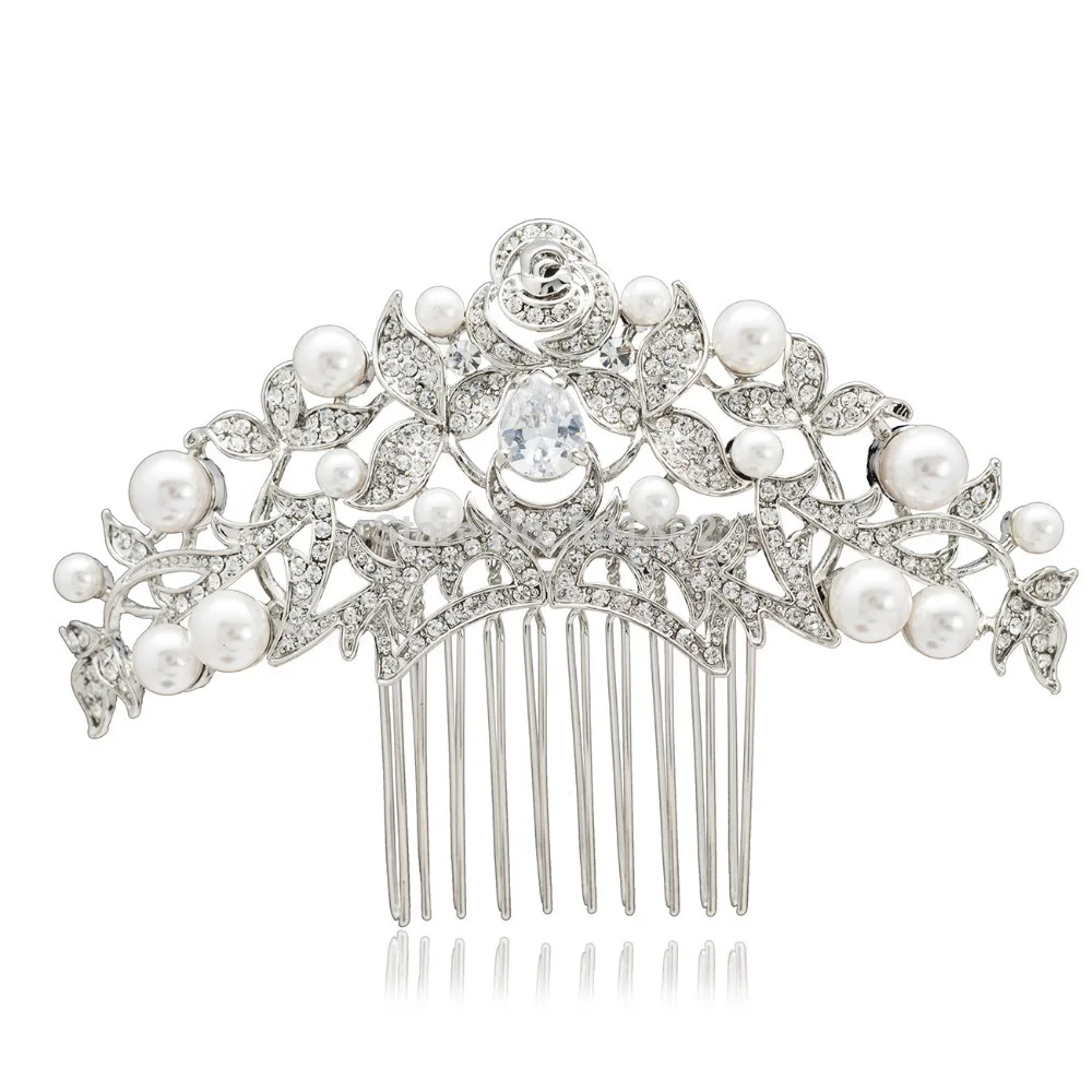 

Wedding Hairpins Accessories for Bridal Leaf Flower Pearl Austrian Crystal Zircon Hair Comb Headpiece New 2015 Vintage CO1468R1