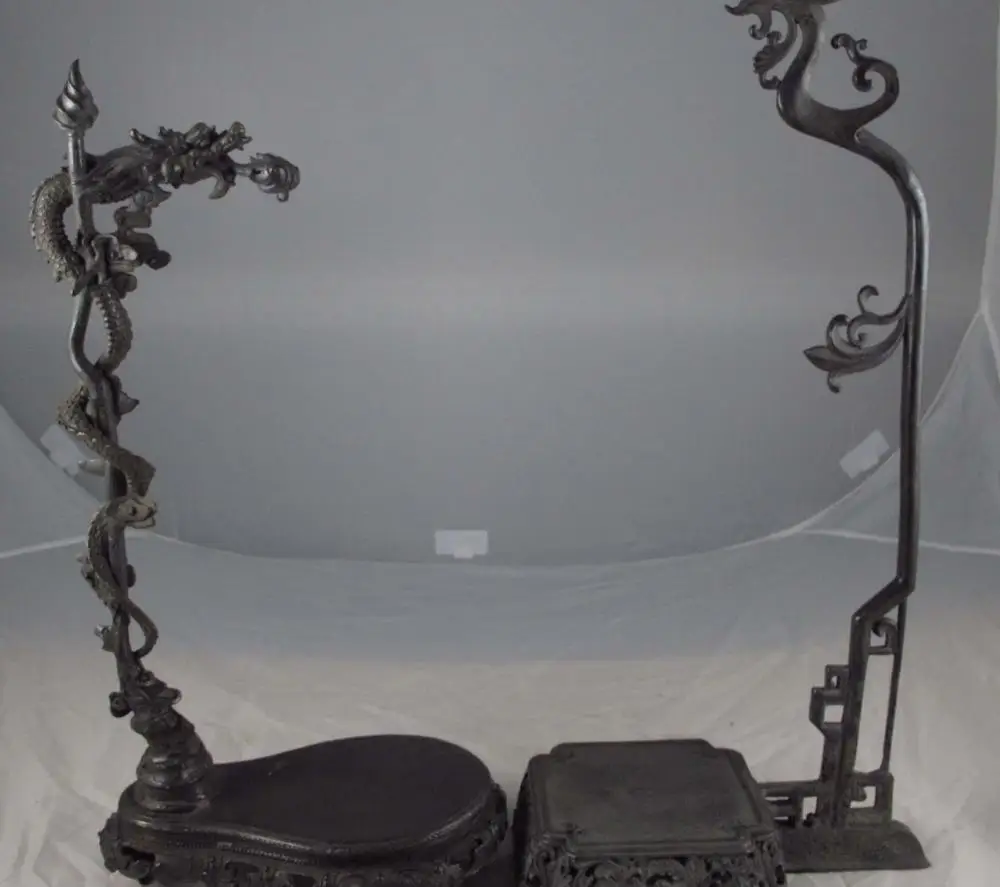 

China Pure Copper Bronze Palace Royal Dragon Phoenix Writing Brush holder Pair
