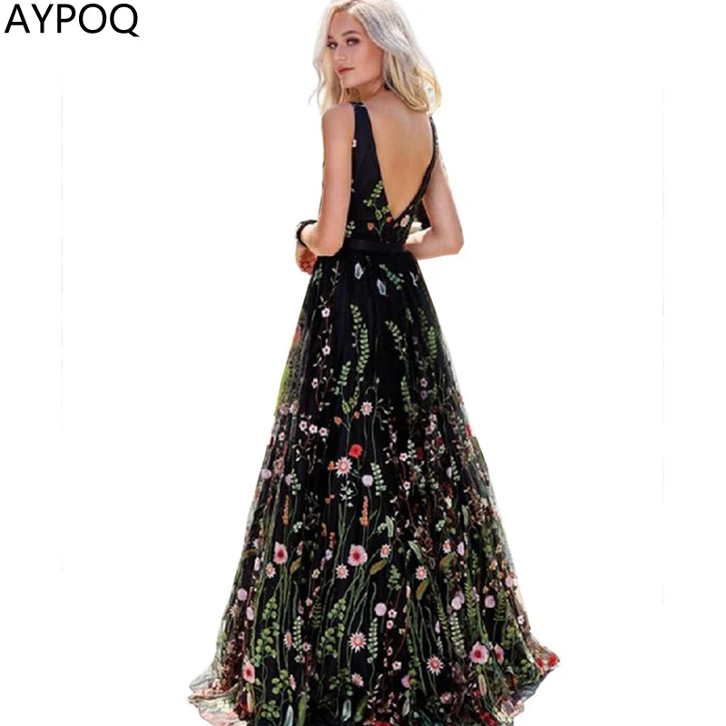 

AYPOQ Sexy Embroidery Mesh Maxi Ball Gown Dress Women V Neck Backless Gauze Sleeveless Swing Floral Flowy Lady Party Long Dress