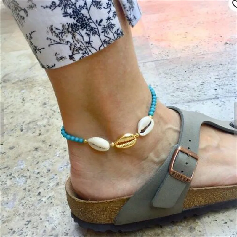 

2019 New Gold Color Cowrie Shell Anklet for Women Beads Bracelet on The Leg Fashion Foot Chain Ankle Jewelry