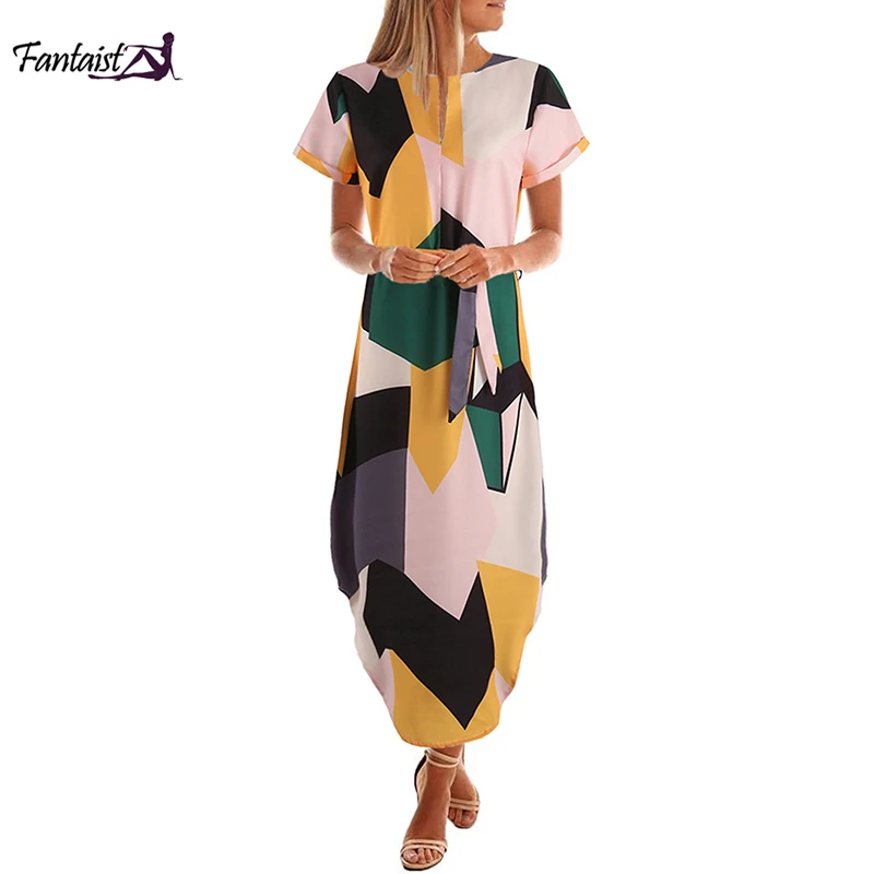 

Fantaist Women Autumn Dress Mid Casual Short Sleeve O Neck Sashes Straight Geometric Bohe Wedding Party Office Work Loose Dress
