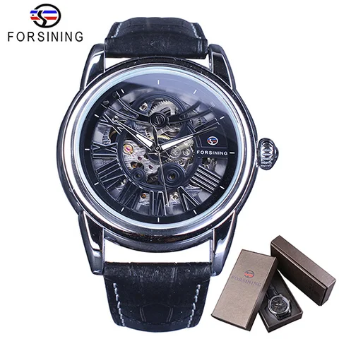 Official Exclusive Sale Roman European Retro Wave Design Classic Transparent Men's Automatic Watches Genuine Leather