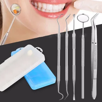 

5Pcs Dental Clean Tools Kit Stainless Steel Tartar Scraper Tooth Pick Mouth Mirror Oral Hygiene Teeth Whitening Travel Portable