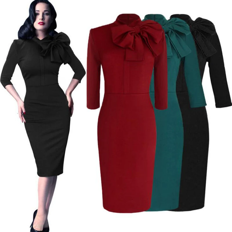 

Plus Size Womens Elegant Dress Vintage Pinup Retro Rockabilly 3/4 Sleeve Bow Party Work Sheath Bodycon Wiggle Pencil Dress