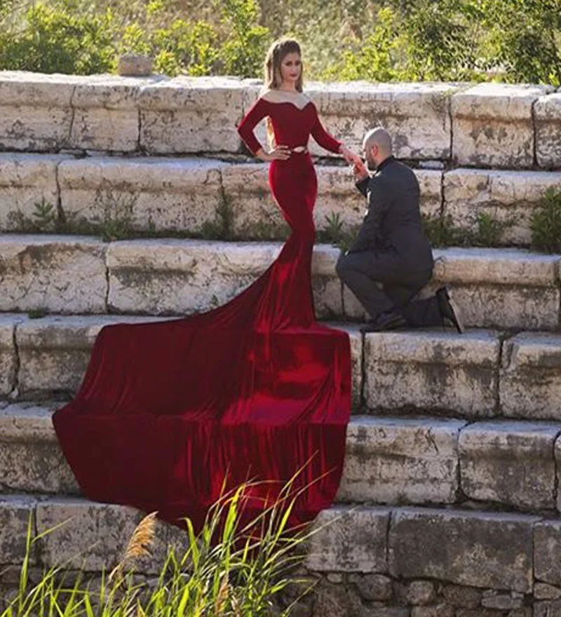 vestido de noiva Wine Red Long Sleeves Evening font b Dresses b font Sexy Off the