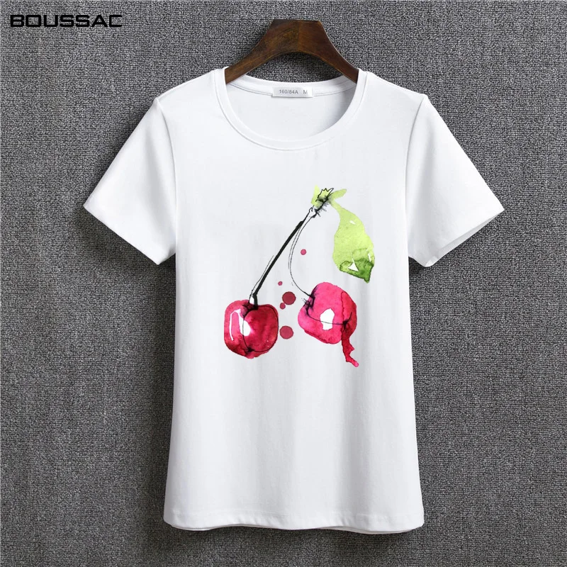 

2019 Fashion Cool Print Female T-shirt White Cotton Women Tshirts Summer Casual T Shirt high quality Cherry pattern Femme Top