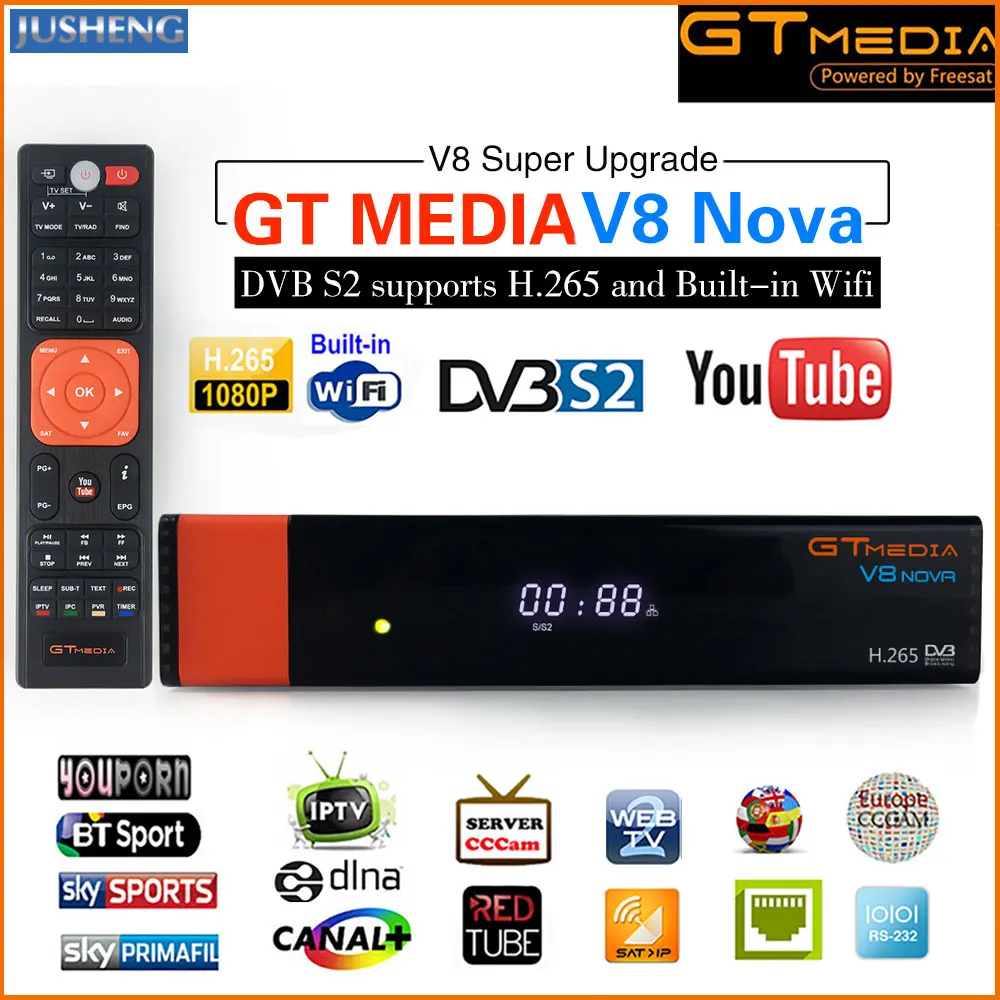 

GT Media V8 Nova DVB-S2 Freesat Satellite Receiver H.265 built-in WIFI Support CCcam 7clines PowerVu DRE &Biss key WEB TV,IPTV,