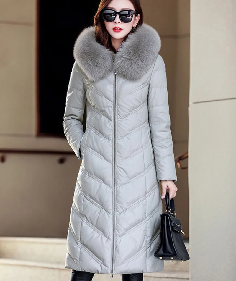 Зимний плюс длинный пуховик женский тонкий роскошный кожаный жакет с мехом женские теплые пальто с капюшоном Большие размеры XXXL 5XL - Цвет: gray