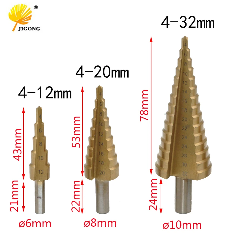 Meichoon Step Drill Bit Set 4-12mm//4-20mm//4-32mm HSS Titanium Triangle Handle Pagoda Drill for Carbon Steel PVC Boards and Wood DC09 Insulation Boards Sheet Iron