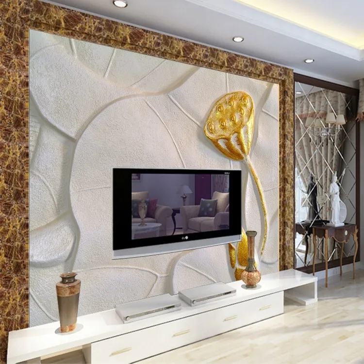 

3d wallpaper stereo chinese style gold lotus sofa tv background wall paper photo wallpaper