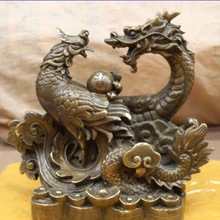 1" Китайский Фэн-шуй Народная Бронзовый Феникс Дракона Играть Бисера Благоприятный Статуя