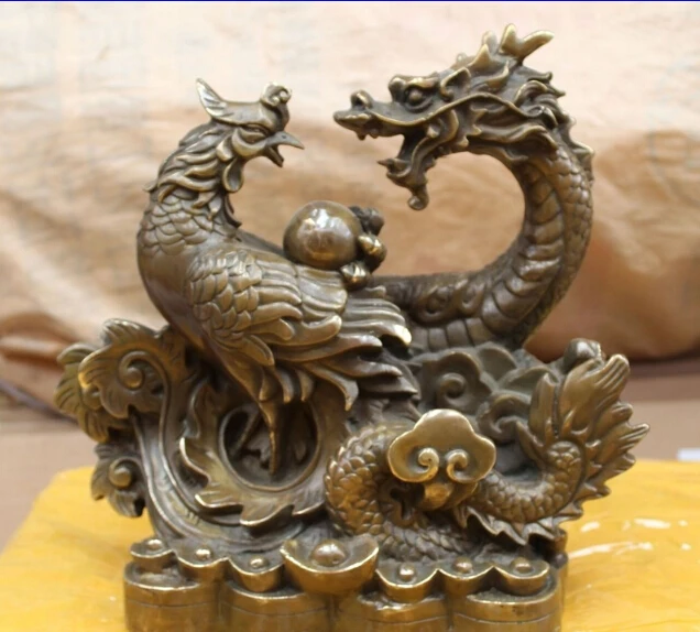 

11" Chinese Feng shui Folk Bronze Dragon Phoenix Play Bead Auspicious Statue