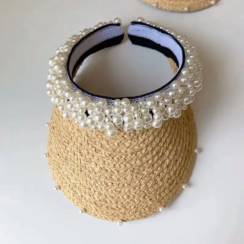

2019 new women Muslim raffia hat straw handmade pearl weaving visor empty top pearl cap