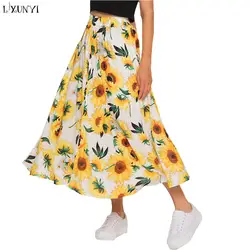 LXUNYI летняя юбка для Для женщин 2018 в богемном стиле Печатные Эластичный Пояс линия длинная юбка хлопок Boho сладкий юбки с цветочным рисунком