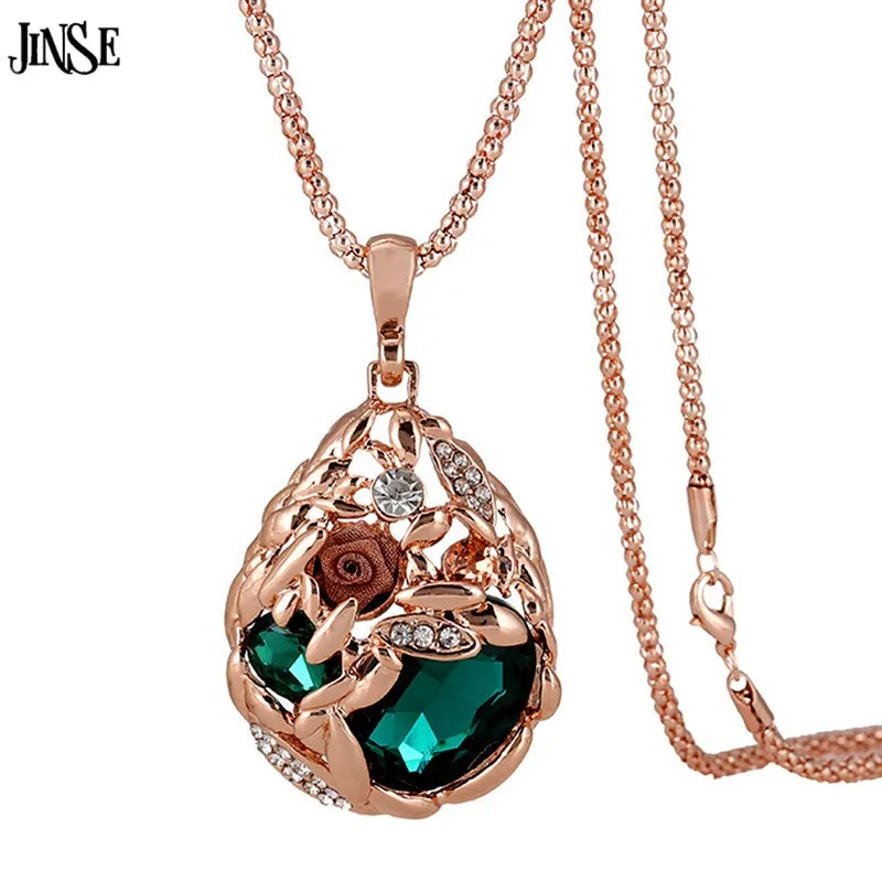 JINSE модное ожерелье-свитер золотого цвета, цепочка с попкорном, ювелирные изделия с кристаллами, ожерелье с кулоном, женский подарок, розовое ожерелье NEB005